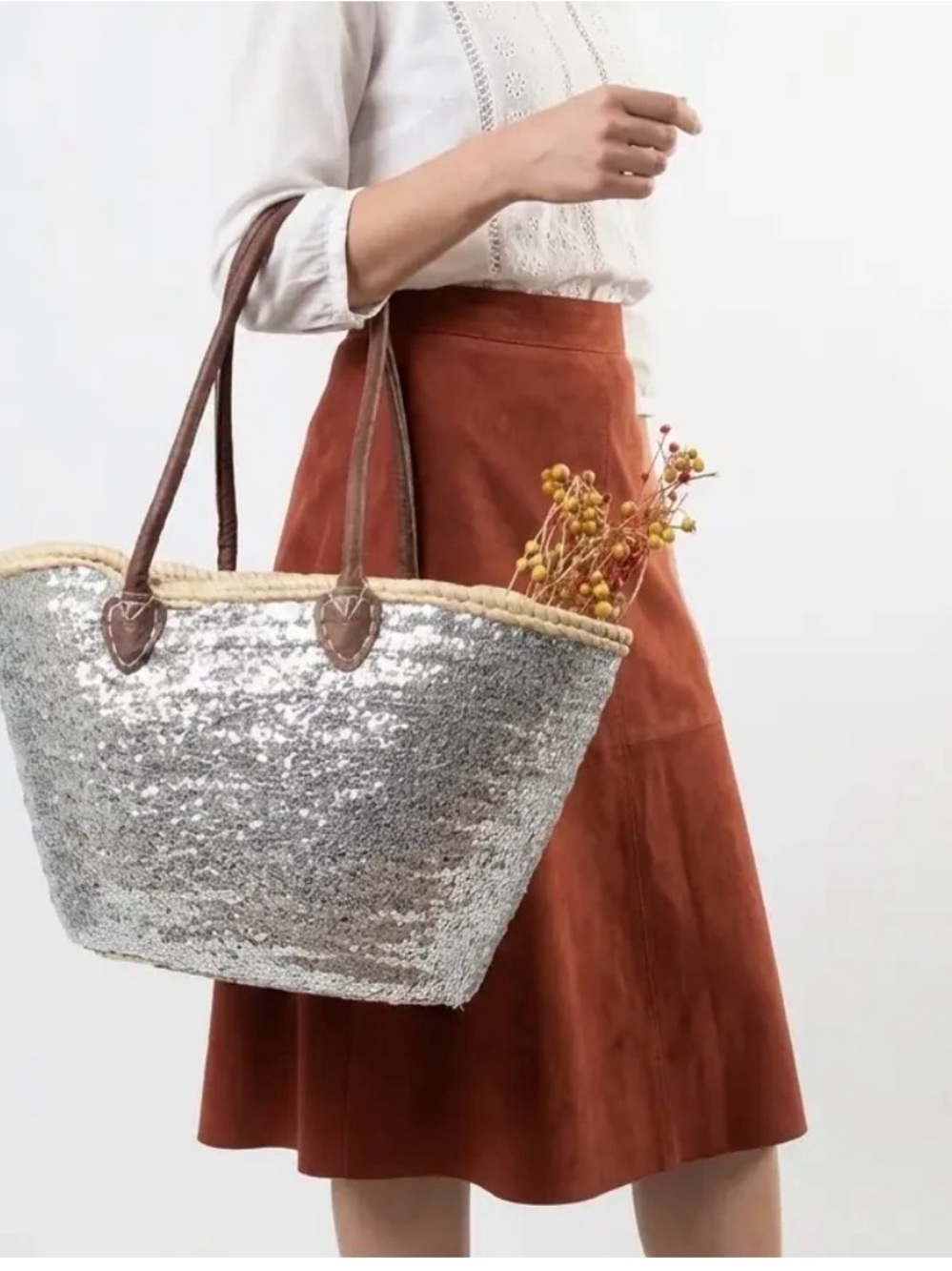 Silver Sequined French Market Basket Tote